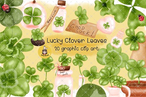 jiffystudio Cartoon Green Lucky Four Leaf Irish Clover for St Patrick Day