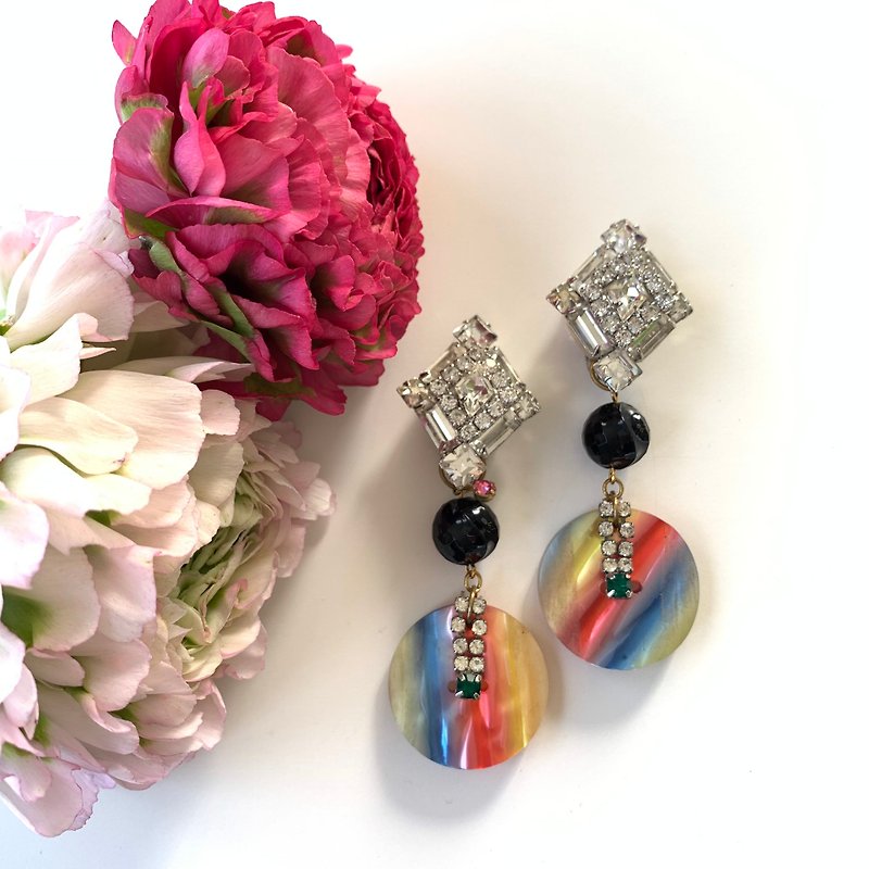 Rainbow Color Button & Rhinestone Earrings - Earrings & Clip-ons - Glass Multicolor