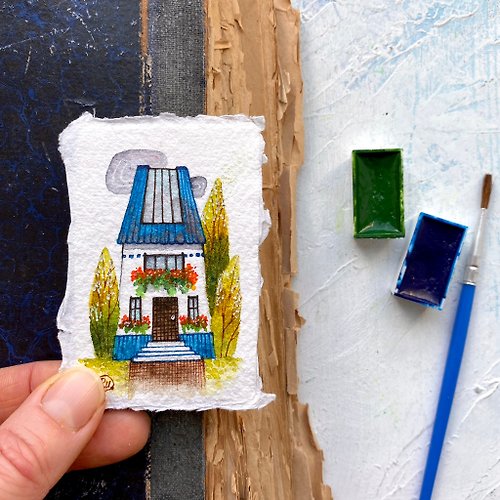 Rubinova Art Mini house art Original painting Tiny watercolor Miniature artwork by Rubinova
