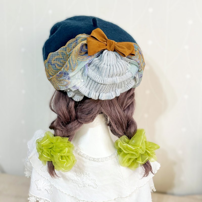 ベレー帽 beret ブルーグリーン ベレー帽 ウールハット 刺繍レース 帽子 画家帽 - 帽子 - ウール ブルー