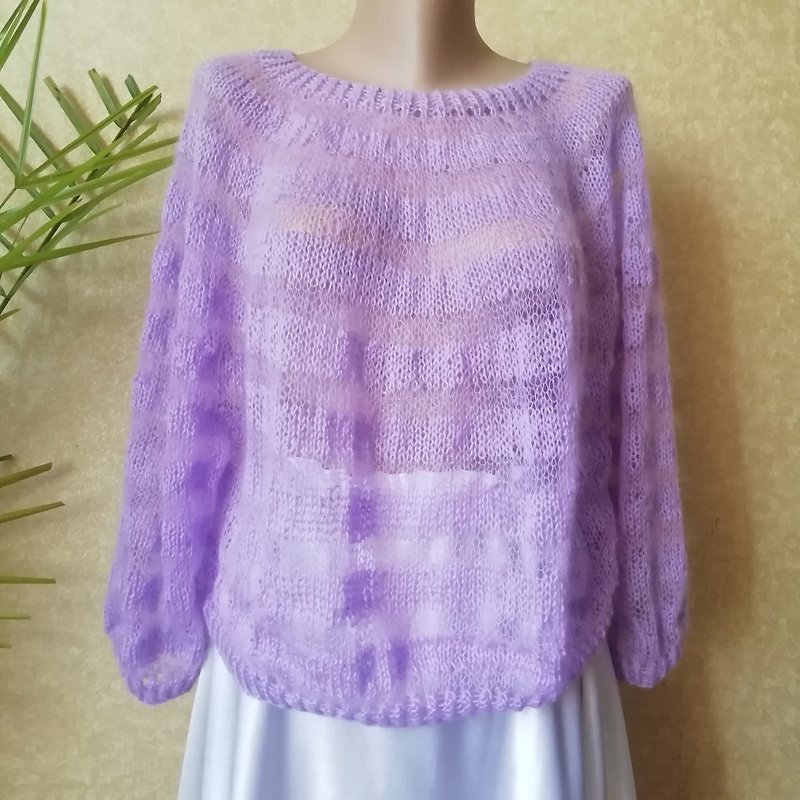 羊毛 女毛衣/針織衫 紫色 - Women Light Mohair Sweater Knitted Soft Striped Violet Jumper Over Sized Poncho