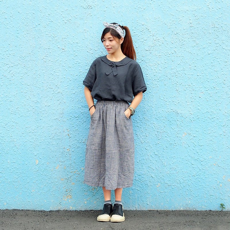 Maverick Village cotton and linen wild stripes [straight horizontal long skirt] gray blue J-37 - Skirts - Cotton & Hemp Gray