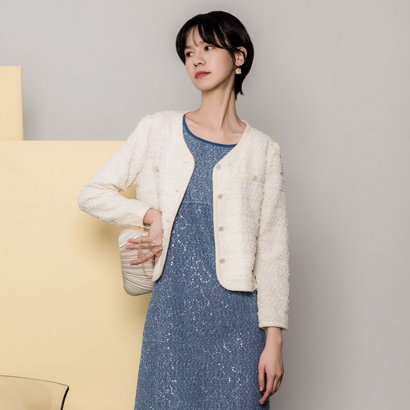 【MEDUSA】Puff Textured Ivory Cardigan - Women's Casual & Functional Jackets - Polyester White