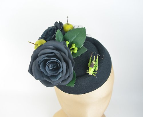 Elle Santos Headpiece Hat with Statement Black Roses, Apples and Grasshopper Burlesque PinUp