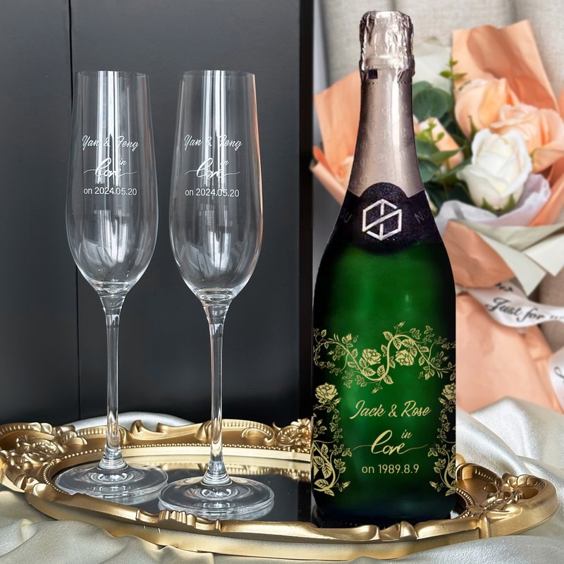 Anniversary gifts | Couple gifts with custom text and names, non-alcoholic champagne single bottle and double glasses, wedding anniversary - น้ำผักผลไม้ - แก้ว 