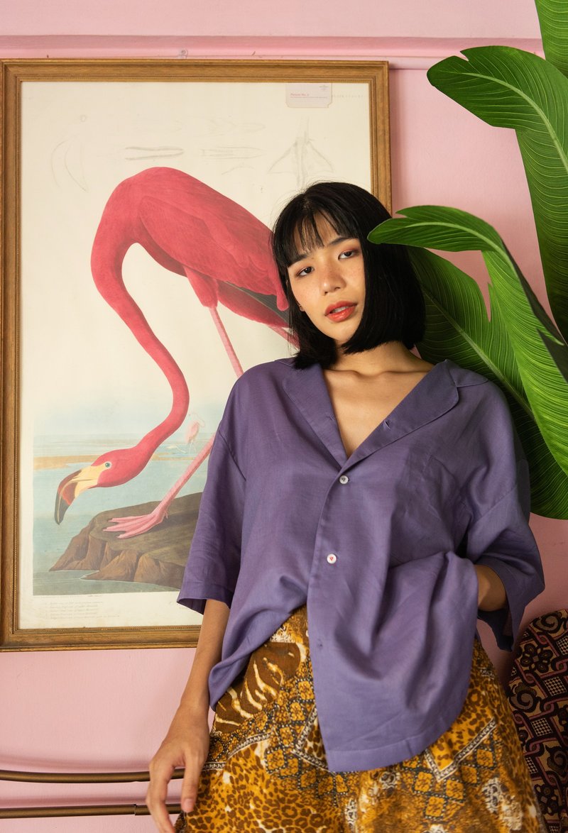 夏威夷襯衫，棉質細布大廓形夏威夷襯衫 - 女襯衫 - 棉．麻 紫色