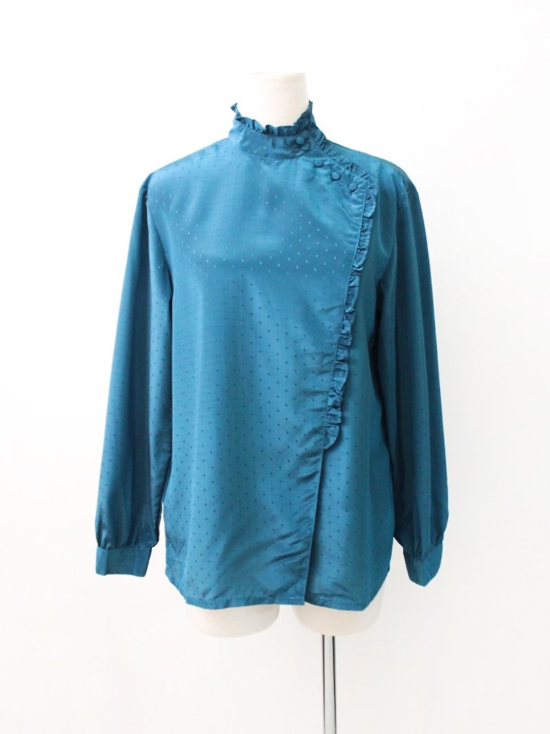 Vintage Japanese elegant blue collar green long sleeve vintage shirt Vintage Blouse - เสื้อเชิ้ตผู้หญิง - เส้นใยสังเคราะห์ สีน้ำเงิน