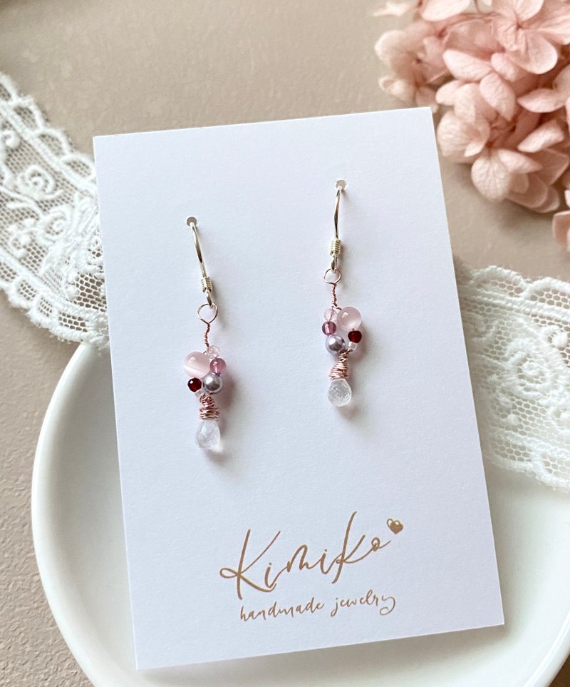 Rose Cat's Eye × Moonstone 【925 Sterling Silver Birthstone Earrings】 - Earrings & Clip-ons - Crystal Pink