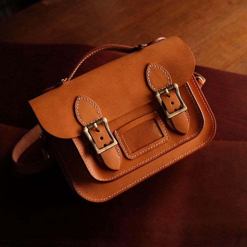 Vintage Shoulder Cambridge Bag。Leather Stitching Pack。BSP069 - เครื่องหนัง - หนังแท้ สีนำ้ตาล