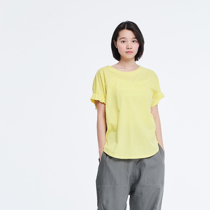 珠光棉車褶袖TEE/蒲公英黃 - 女 T 恤 - 棉．麻 黃色