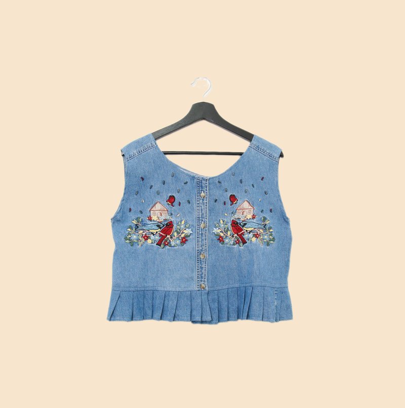 Back to Green-丹寧刺繡背心 美滿 夫妻鳥 dv-35//vintage vest - 背心/無袖上衣 - 棉．麻 
