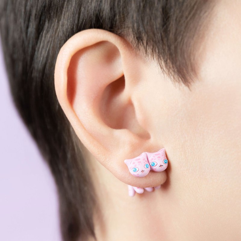Double-Headed Pink Tiger Earrings - Cute Jewelry for Cat Lovers - Handmade Art - 耳環/耳夾/耳骨夾 - 其他材質 粉紅色
