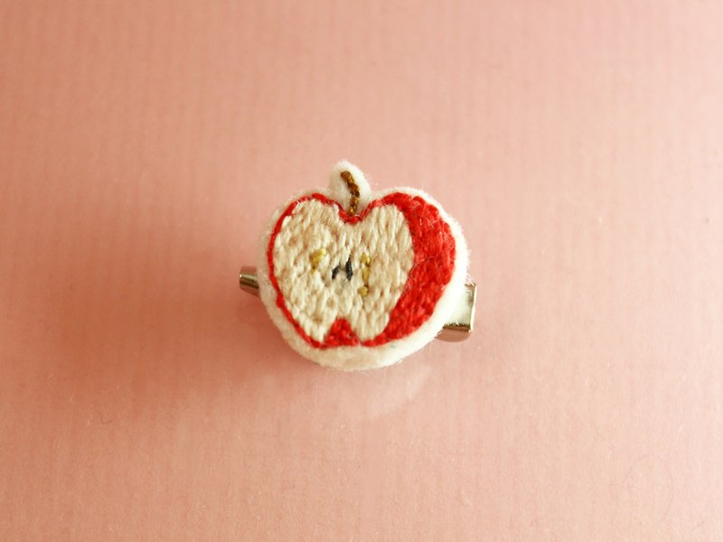Mini Handmade Embroidered Brooch / Pin Red Apple You Are the Apple of My Eye - เข็มกลัด - งานปัก สีแดง