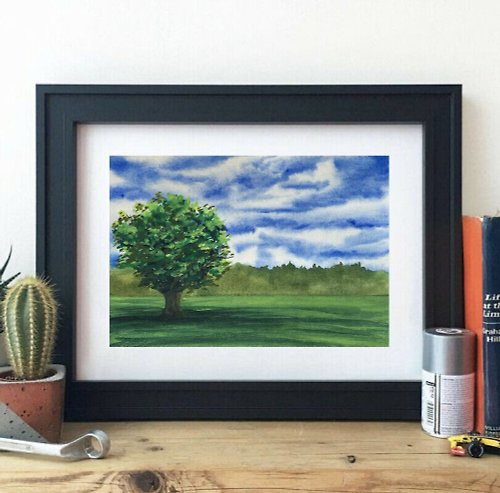 OsipovArtStudio Original Watercolor Oak painting Tree Landscape Green Field Painting Clouds Art