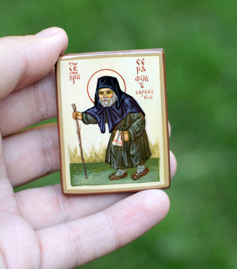 hand painted orthodox wood icon Saint Venerable Seraphim of Sarov Wonderworker - 其他 - 木頭 綠色