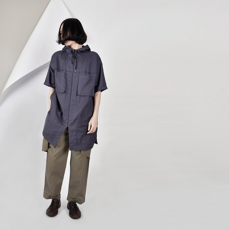 AFTER-Functional Cotton and Linen Hooded Jacket - เสื้อฮู้ด - ผ้าฝ้าย/ผ้าลินิน สีน้ำเงิน