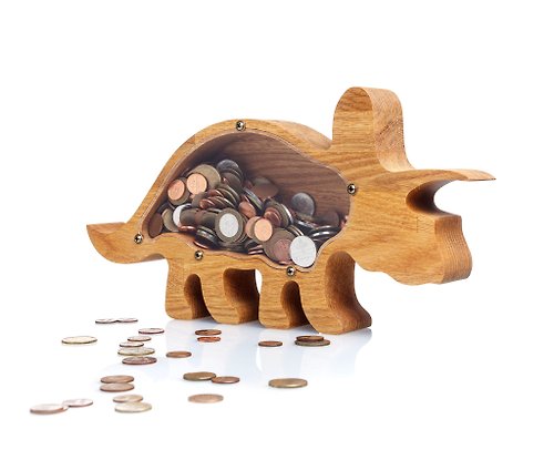 WOODPRESENTS Personalized dinosaur piggy bank for boys & girls TRICERATOPS Wooden coin bank