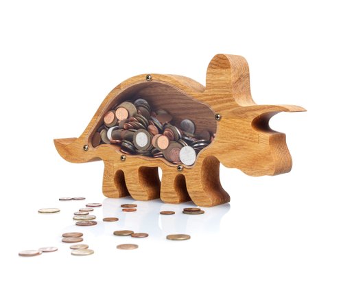 WOODPRESENTS Personalized dinosaur piggy bank for boys & girls TRICERATOPS Wooden coin bank