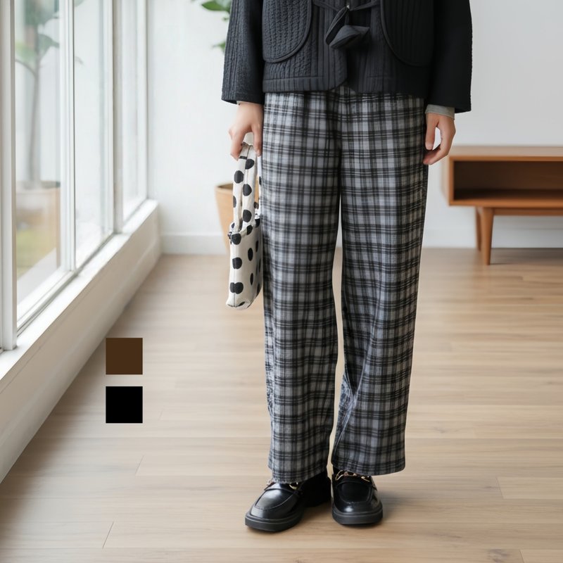 格紋提花針織直筒長褲 - 女長褲 - 聚酯纖維 黑色