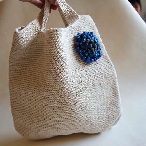 布。棉花 毛線編織手作禮物 藍色繡球花/煙火花 白色棉麻扁平編織包