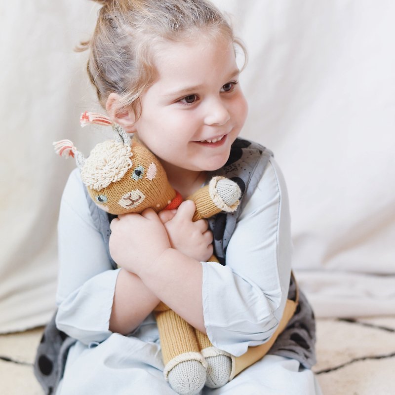 American Blabla Kids Cotton Knitted Doll (Small) Red Scarf Brown Alpaca 1-04-042 - Kids' Toys - Cotton & Hemp Brown