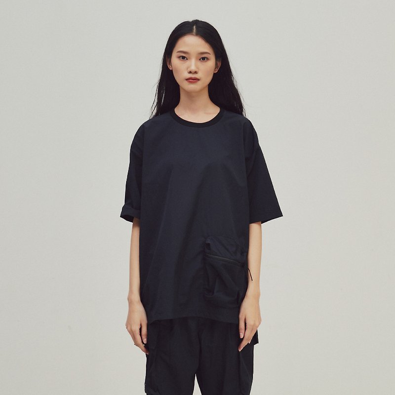 EVOLVE(D)-RE-NYLON-Crinkle pocket t-shirt (black) - เสื้อฮู้ด - ไนลอน สีดำ