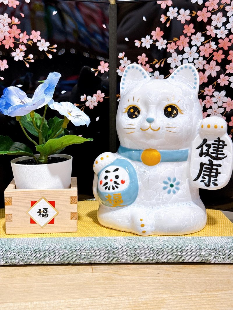 【健康招福】清水燒福運招財貓 | 達摩守護 - 花結晶映輝 - 擺飾/家飾品 - 瓷 白色
