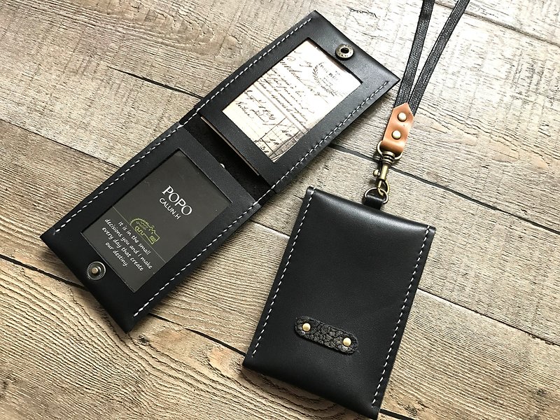 POPO│Mozhu│Two-door ID document storage case│Cow leather - ที่ใส่บัตรคล้องคอ - หนังแท้ สีดำ