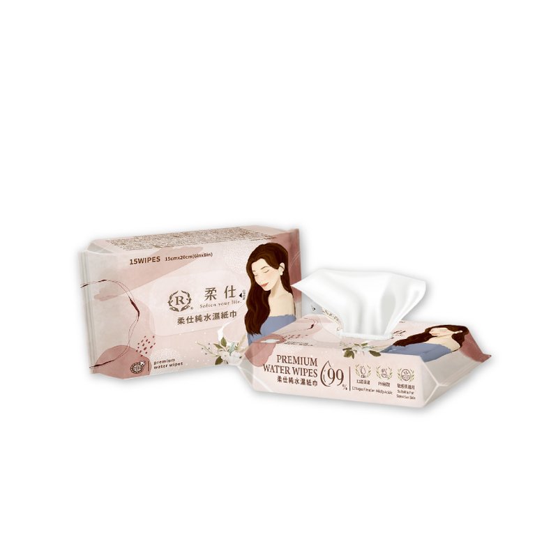 柔仕純水濕紙巾15抽x5入組 - 洗手乳/洗手用品 - 棉．麻 粉紅色