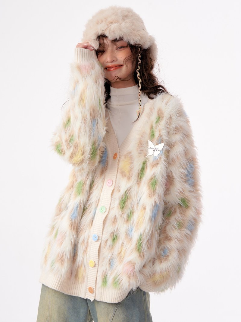 ziziFei autumn and winter warm and soft lazy style American retro thick color leopard print sweater cardigan jacket for women - เสื้อผู้หญิง - วัสดุอื่นๆ สีกากี