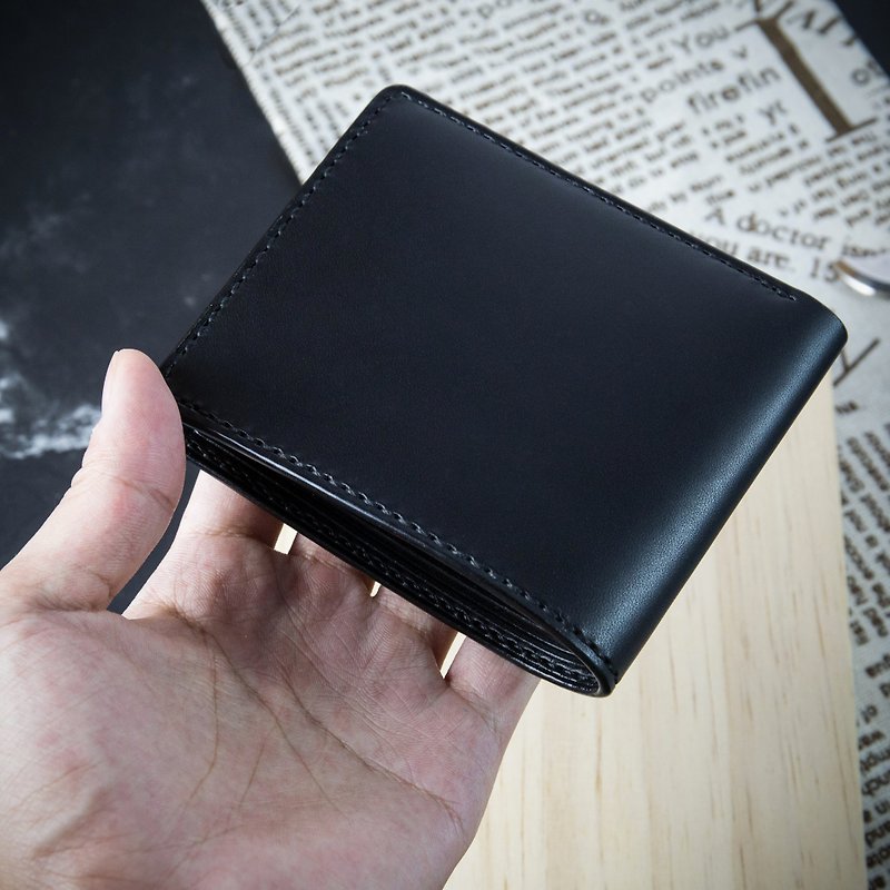 [Customized gift] [Wallet, Silver] All black Italian vegetable tanned leather customized lettering MIS - Wallets - Genuine Leather Multicolor