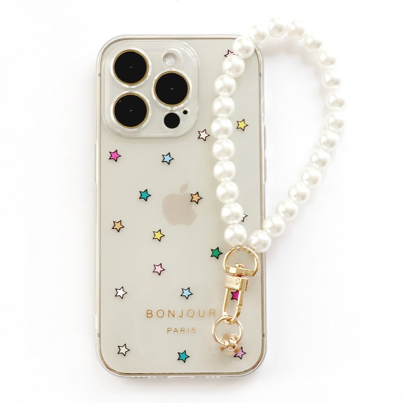 iPhone16/15/14/13/12/11 jelly transparent color small star pearl chain mobile phone case - Phone Cases - Plastic Transparent