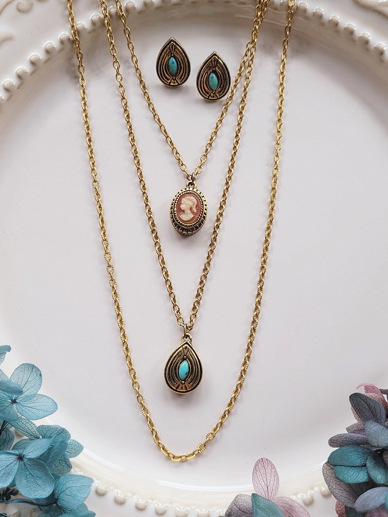 American Western Antique Jewelry/Victoria cameo Stone water drop multi-layer necklace/earrings - Necklaces - Other Metals 