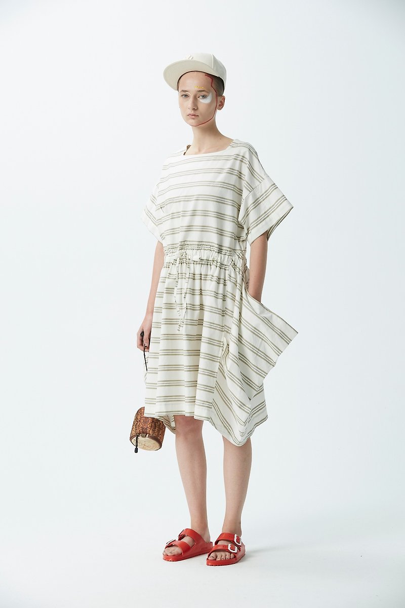 ZUO - big sleeves off shoulder rope striped dress - One Piece Dresses - Cotton & Hemp Khaki