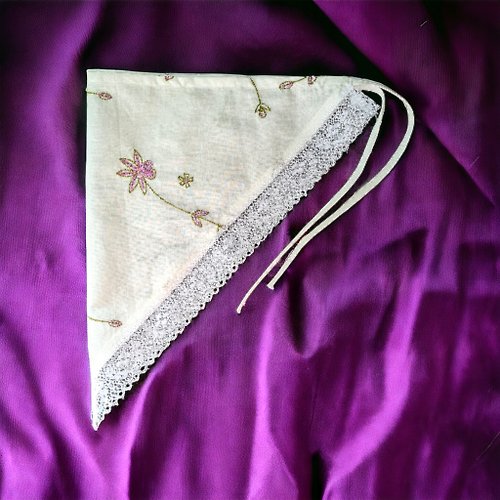 Silk- satin triangle head scarf, mushroom bandana with lace and
