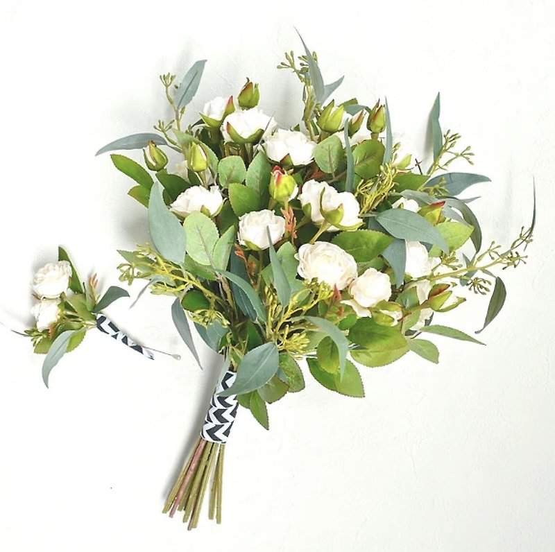 Mini rose and eucalyptus wedding bouquet bouquet boutonniere set - Dried Flowers & Bouquets - Other Materials White