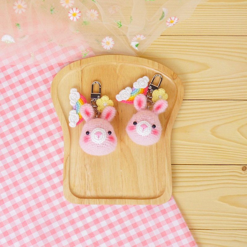 pink rabbit head  crochet doll  keyring keychain bag charm handmade gift - Keychains - Cotton & Hemp Pink