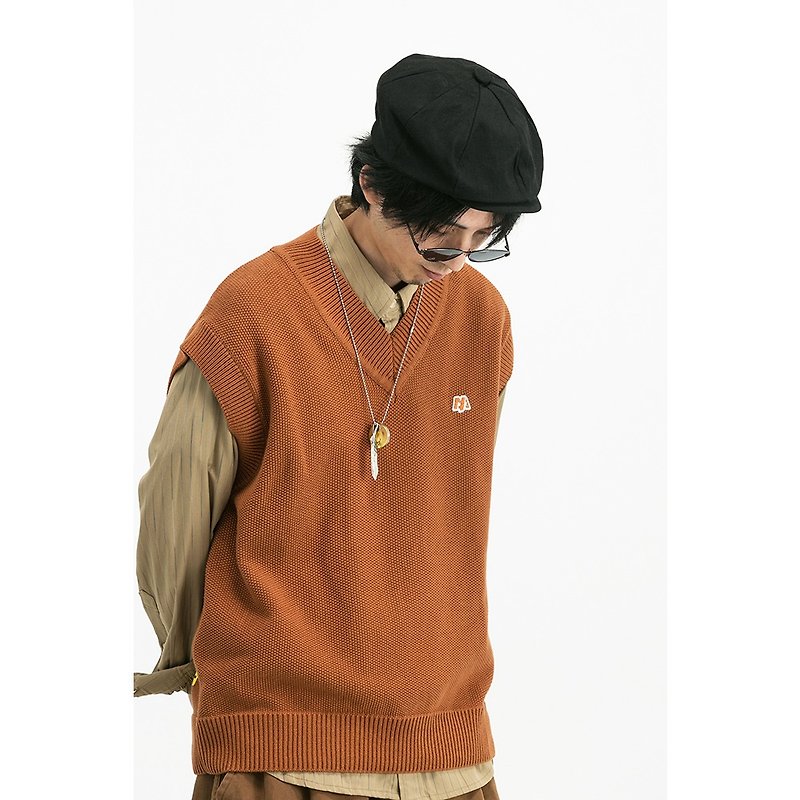 DAKYAM V-neck woven drop-shoulder embroidered loose knit vest - Men's Sweaters - Cotton & Hemp Orange