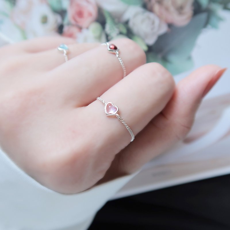 925 sterling silver pink crystal rose quartz moonstone chain ring ring adjustable free gift packaging - แหวนทั่วไป - เงินแท้ สึชมพู