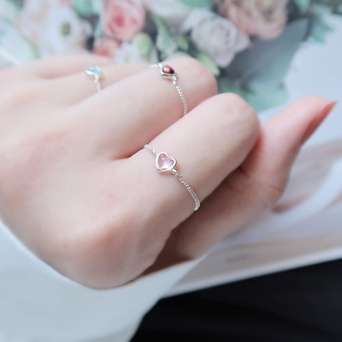 Natural Light 925純銀 粉水晶 粉晶 月光石 鍊戒 戒指 可調整 免費送禮包裝