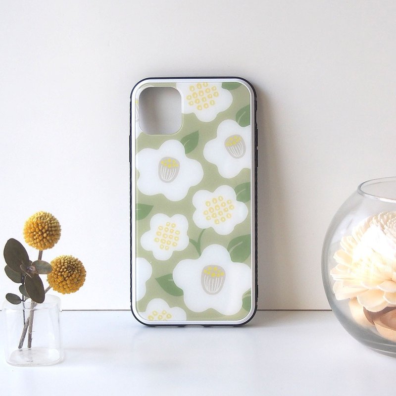 Tempered Glass iPhone Case - Japanese modern camellia / beige  - - Phone Cases - Plastic Khaki