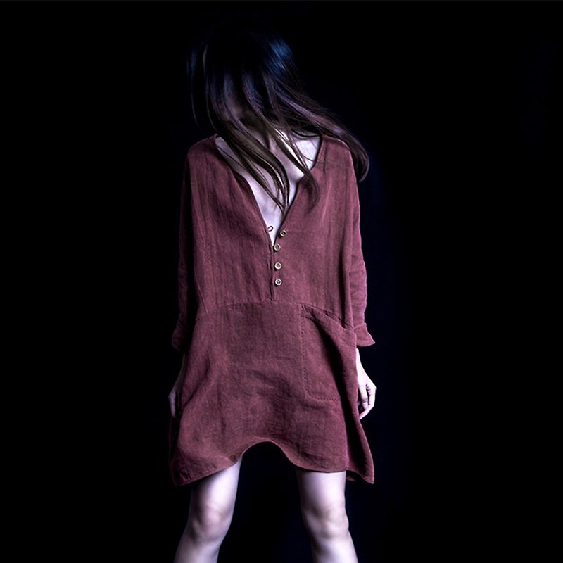 Linen casual loose mid-length shirt - เสื้อเชิ้ตผู้หญิง - ผ้าฝ้าย/ผ้าลินิน 