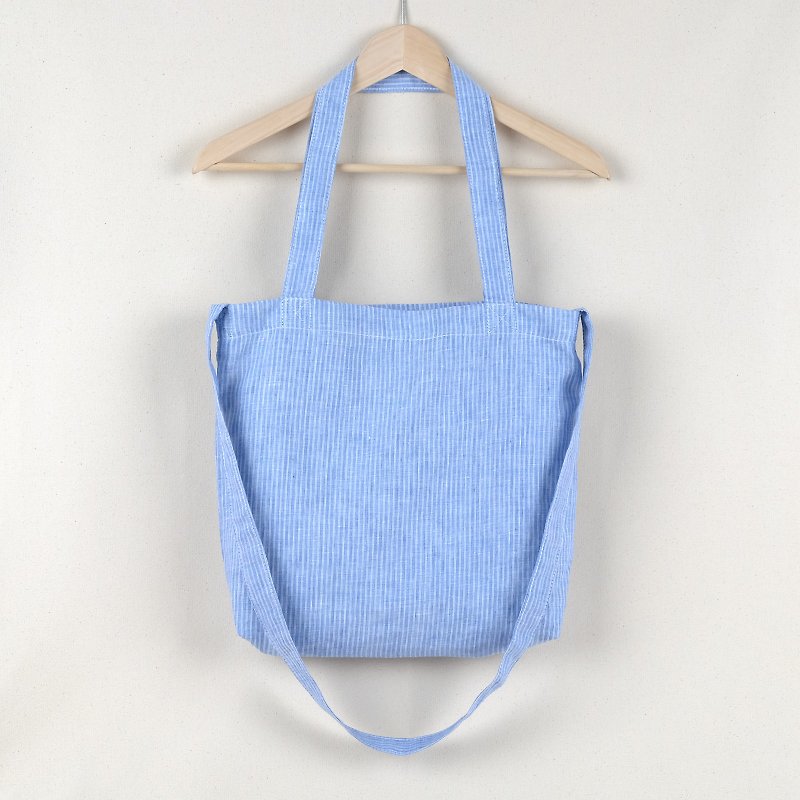 Linen Bag Bluish white stripes (Striped) 3 2 has a shoulder strap. - Messenger Bags & Sling Bags - Cotton & Hemp Blue