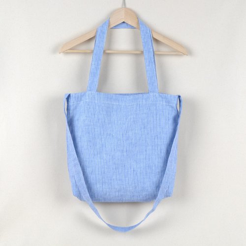 Linen Bag Bluish white stripes (Striped) 3 2 has a shoulder strap.