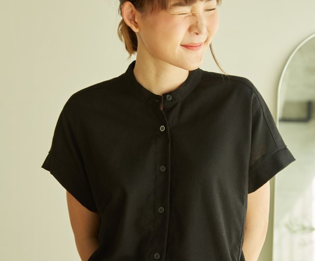 Black linen chinese collar Shirt with chest pocket