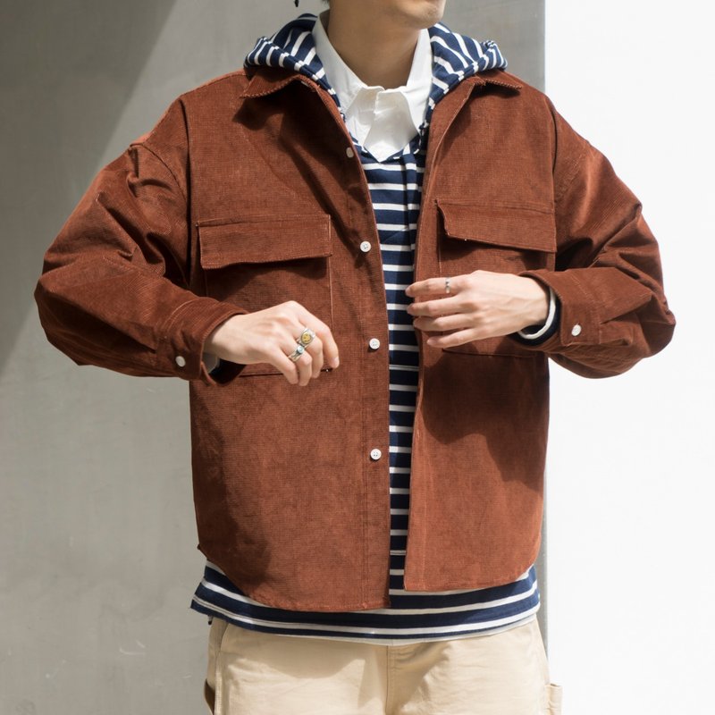 JACKET 秋冬日系外套 復古燈芯絨 休閒寬鬆設計工裝夾克 保暖單品 - 男夾克/外套 - 棉．麻 咖啡色