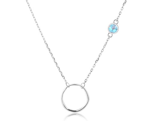 Majade Jewelry Design 海藍寶925純銀項鍊 不對稱側鑲圓形項鍊 3月誕生石業力項鍊
