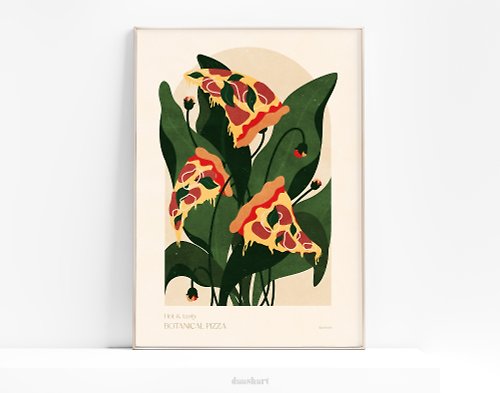 daashart 植物復古比薩海報紅色和綠色快餐可印刷牆藝術