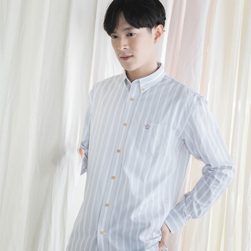 (SIZE S) SHIP // green grey stripe // men slim fit - 男襯衫/休閒襯衫 - 棉．麻 綠色