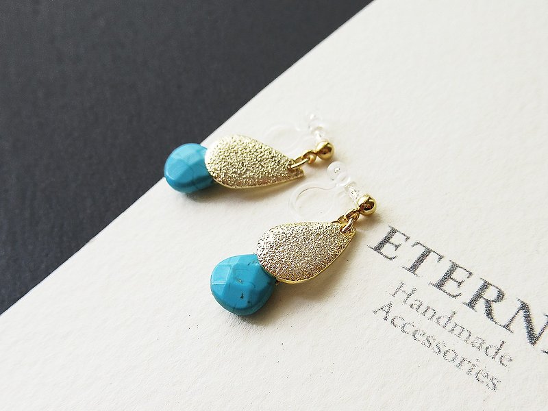 Pear shaped Magnesite turquoise with drop shaped metal charm earrings - Earrings & Clip-ons - Stone Blue